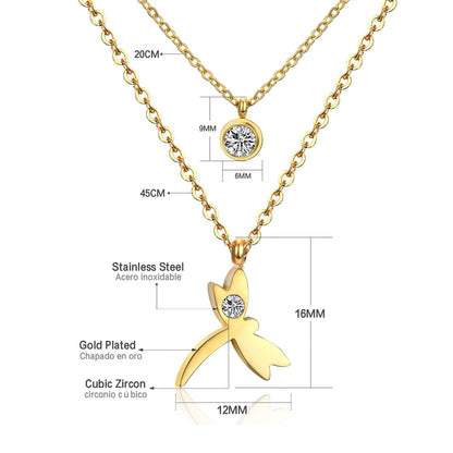 Double Layer Chain Pendants Necklaces For Women Girls Gold Color Silver Tone Stainless Steel CZ Crystal Round Choker