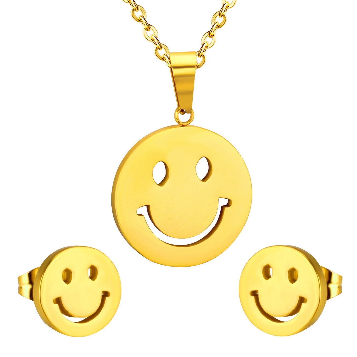 ASON Smile Face Jewelry Set Stainless Steel Pendant Necklace Small Piercing Stud Earrings Gold Color Fashion Party Gift