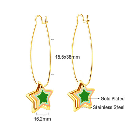 Korean Thin Hoop Earrings For Women Oval Hoops with Colorful Star Heart Charm Stainless Steel Jewelry Accessories