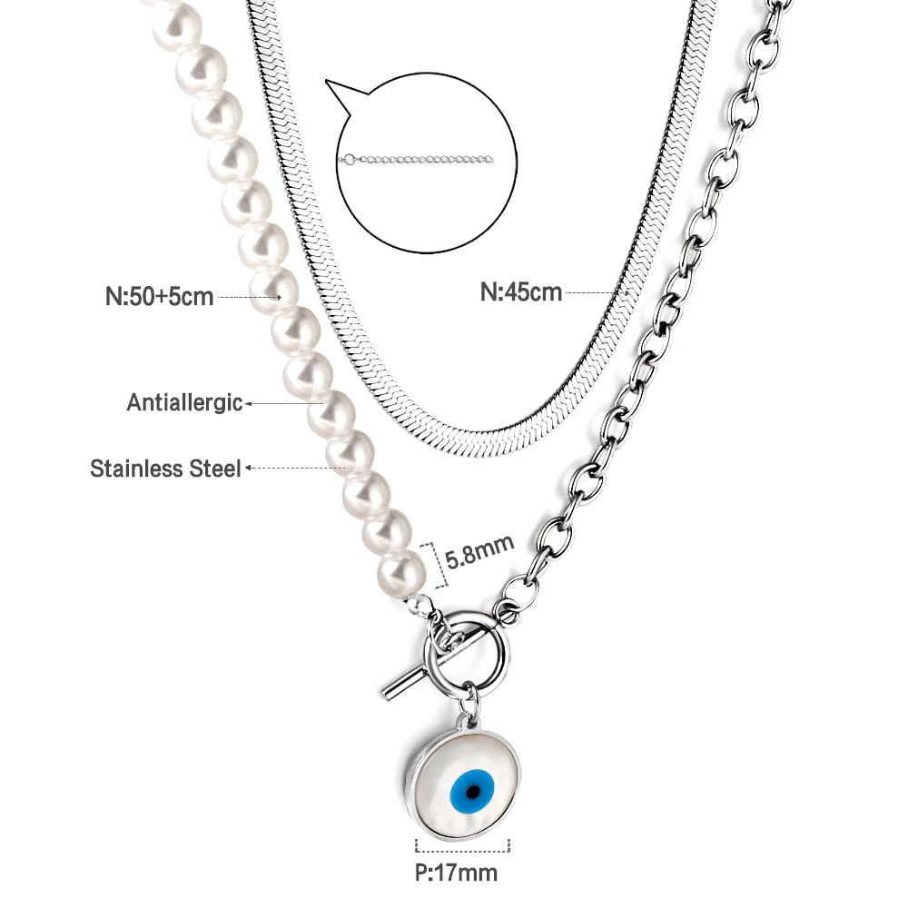 Fashion Shell Evil Eye Pendant Necklace Snake Pearl Double Chain For Women Stainless Steel Turkish Wedding Party Gifts
