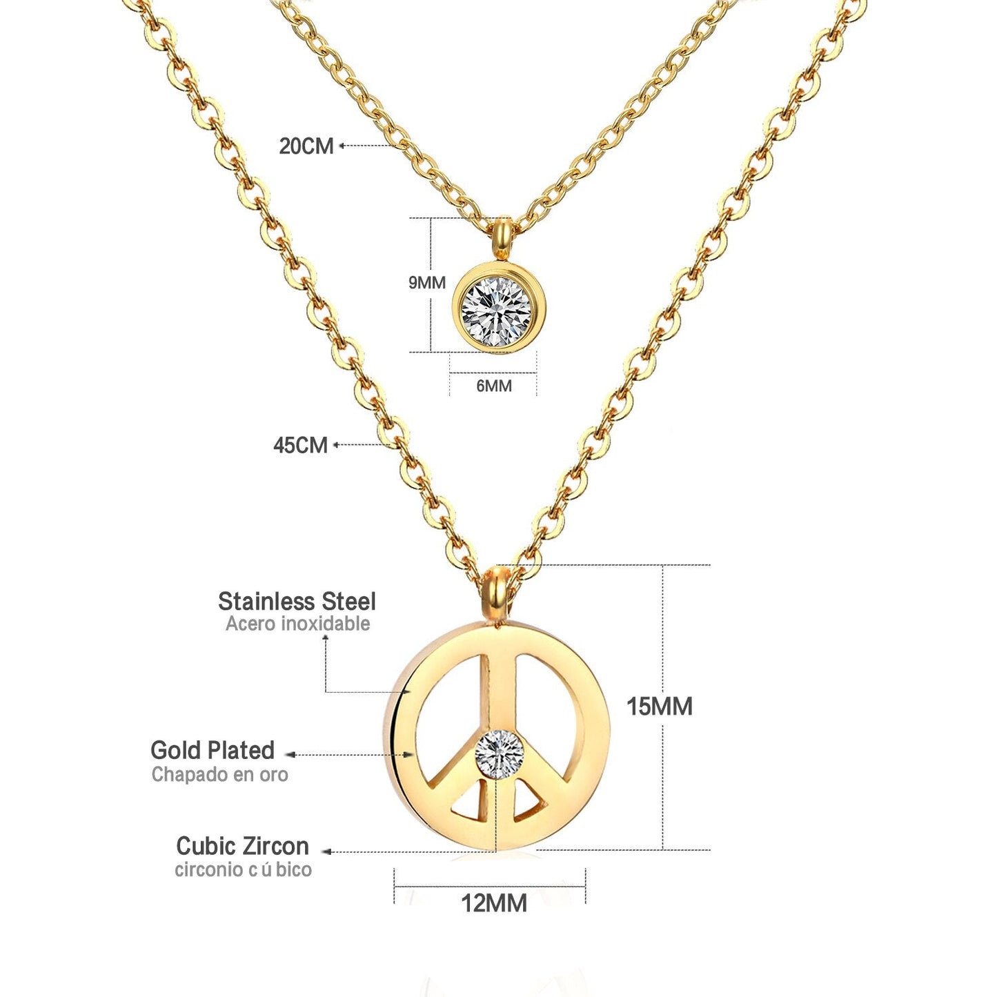 Double Layer Chain Pendants Necklaces For Women Girls Gold Color Silver Tone Stainless Steel CZ Crystal Round Choker