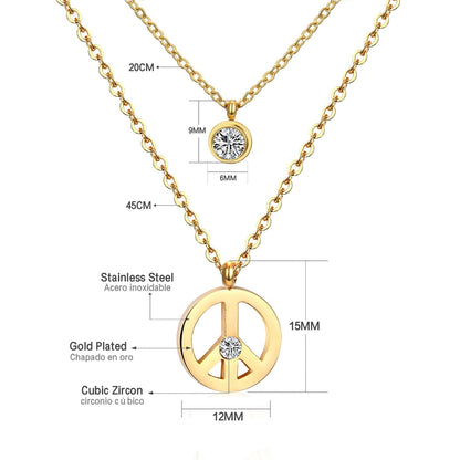 Double Layer Chain Pendants Necklaces For Women Girls Gold Color Silver Tone Stainless Steel CZ Crystal Round Choker