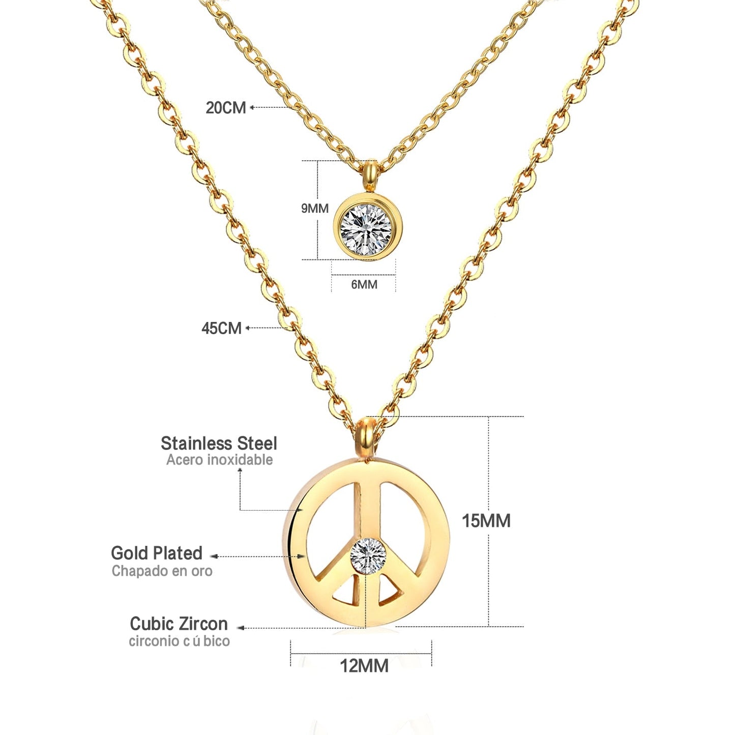 Double Layer Chain Pendants Necklaces For Women Girls Gold Color Silver Tone Stainless Steel CZ Crystal Round Choker