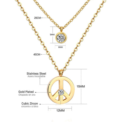 Double Layer Chain Pendants Necklaces For Women Girls Gold Color Silver Tone Stainless Steel CZ Crystal Round Choker