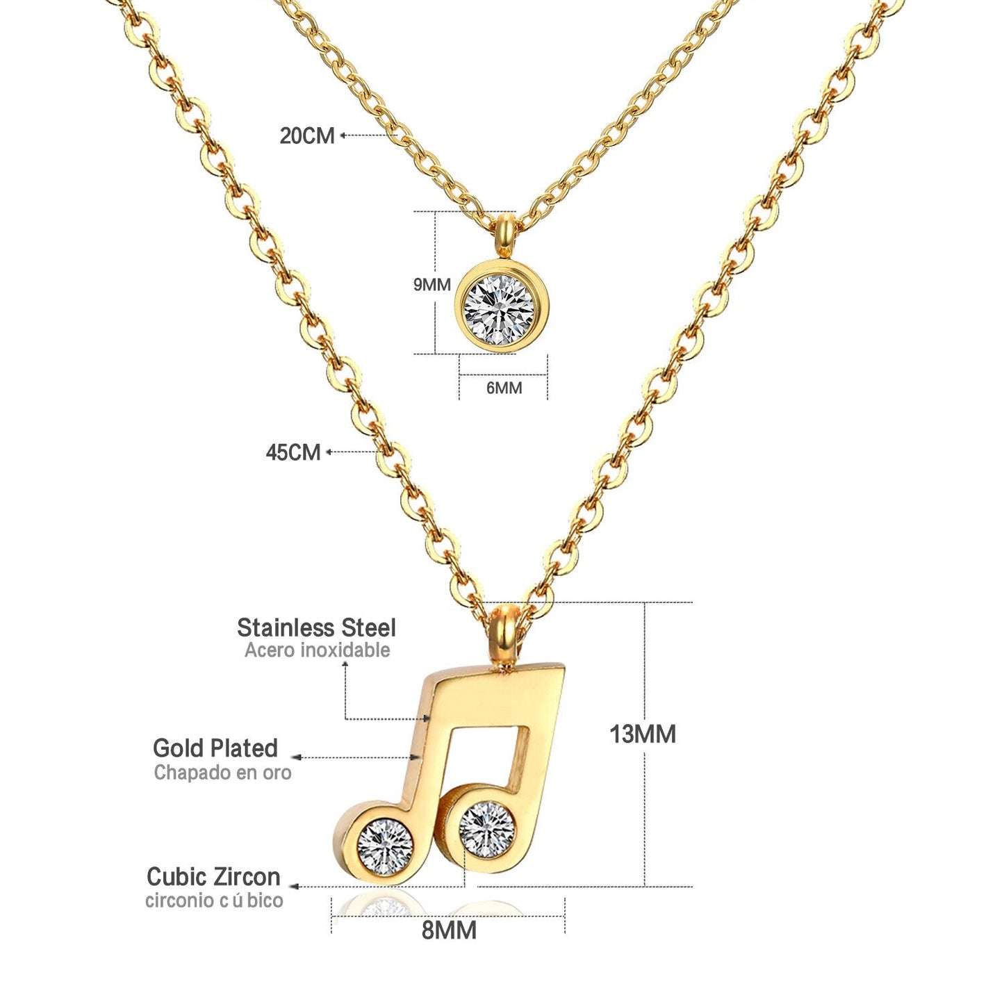 Double Layer Chain Pendants Necklaces For Women Girls Gold Color Silver Tone Stainless Steel CZ Crystal Round Choker