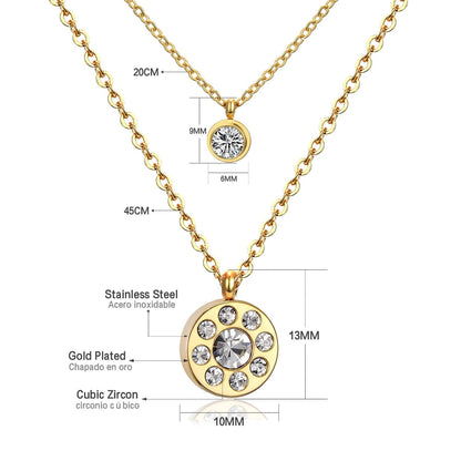 Double Layer Chain Pendants Necklaces For Women Girls Gold Color Silver Tone Stainless Steel CZ Crystal Round Choker
