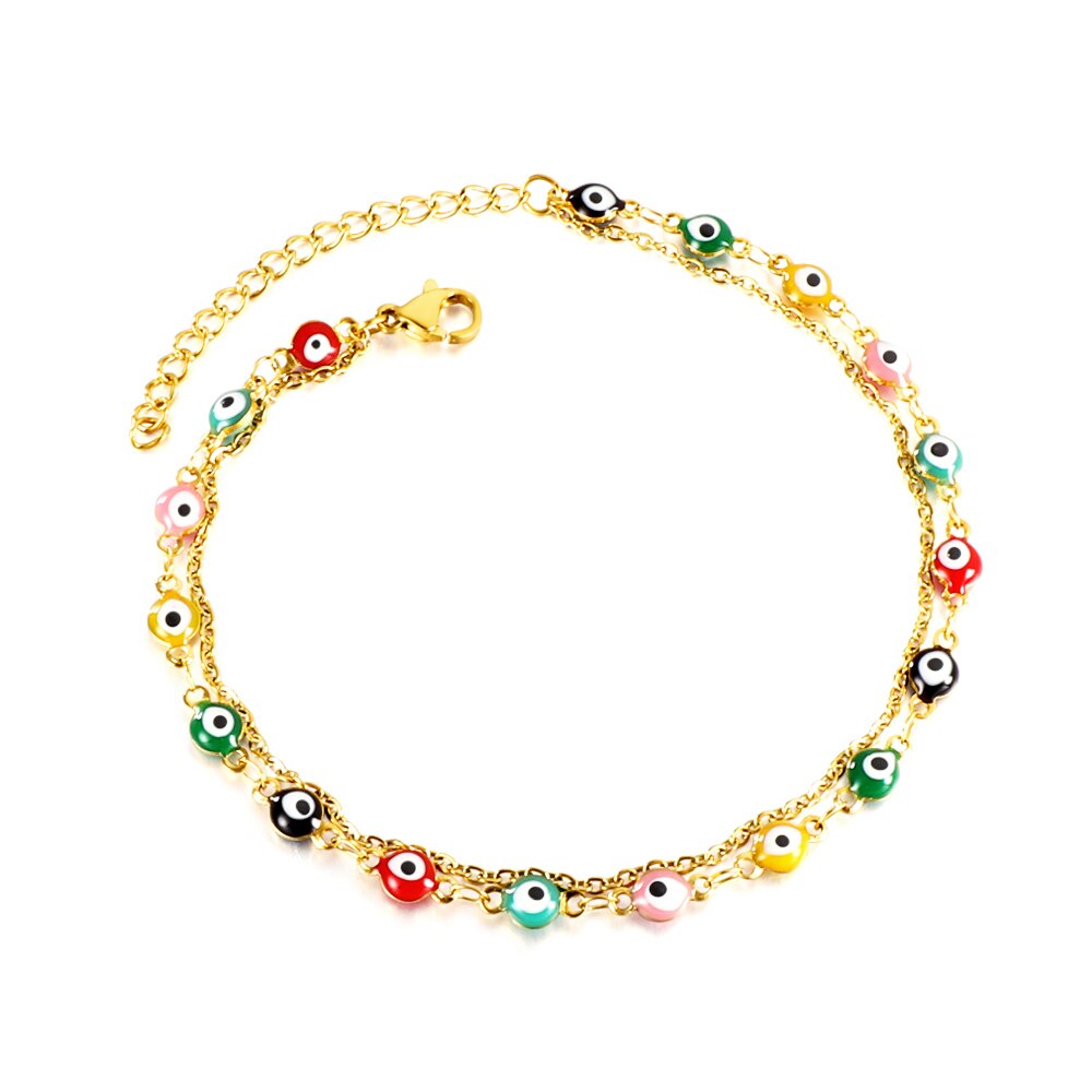 ASON Trendy Cat Eyes Mixed Color Accessories Multi-layer Chains Anklets Gold Color Stainless Steel For Women Jewelry Party