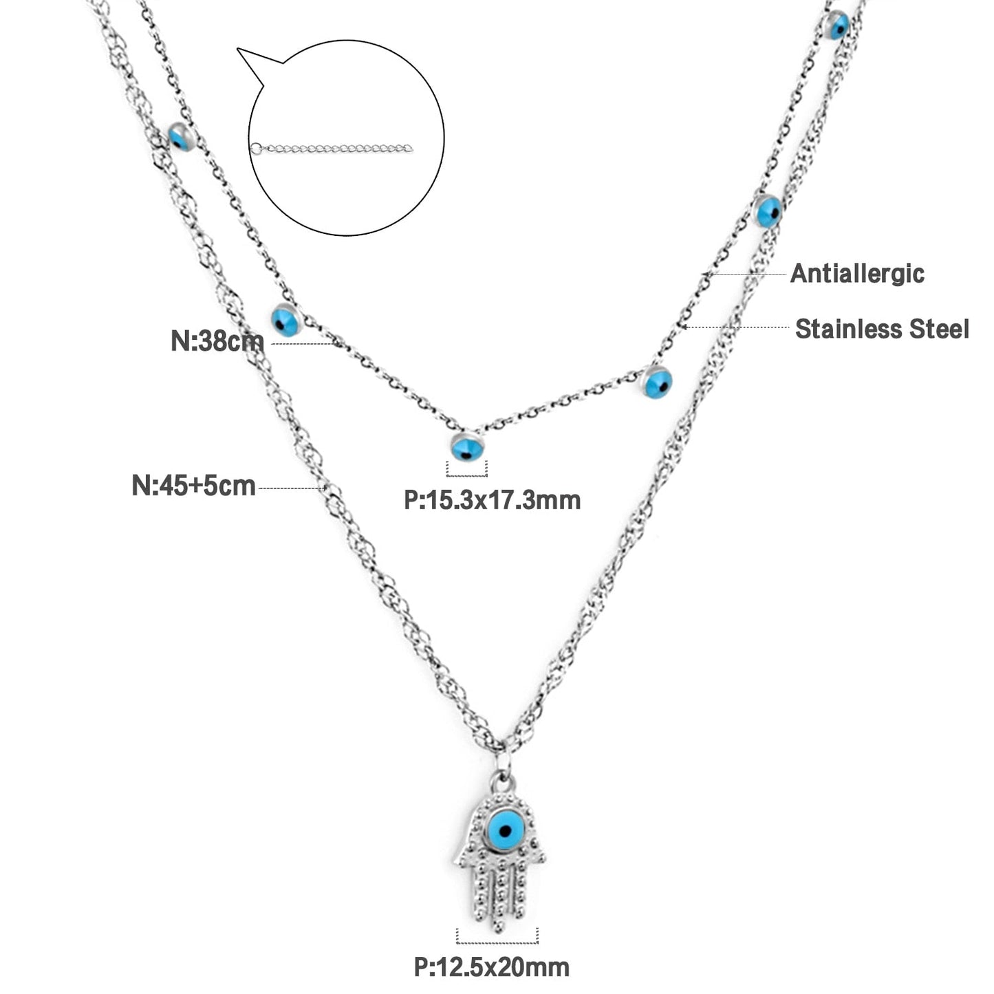 New Hamsa Hand Pendant Necklace For Women Girls Stainless Steel Blue Evil Eyes Double Layer Chain Turkish Luck Jewelry