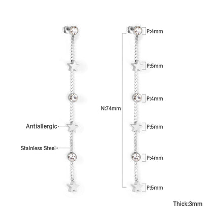 New Crystal Stars Coin Long Tassel Dangle Earrings For Women Girls Stainless Steel Trending Korean Fashion Jewelry