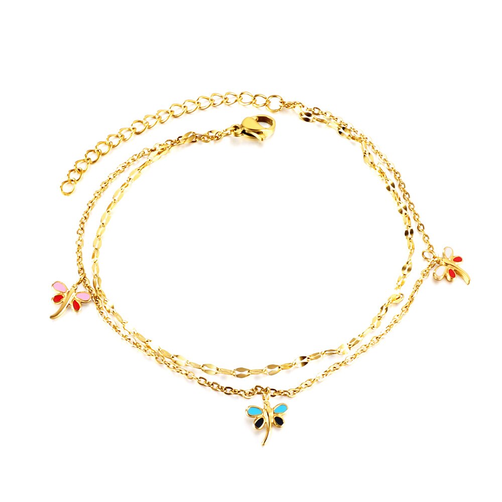 ASON Trendy Dragonfly Mixed Color Accessories Multi-layer Chains Anklet Gold Color Stainless Steel For Women Foot Jewelry