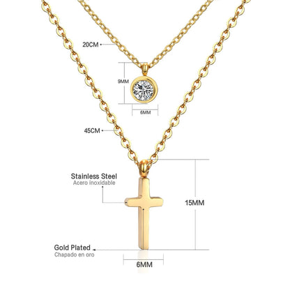 Double Layer Chain Pendants Necklaces For Women Girls Gold Color Silver Tone Stainless Steel CZ Crystal Round Choker