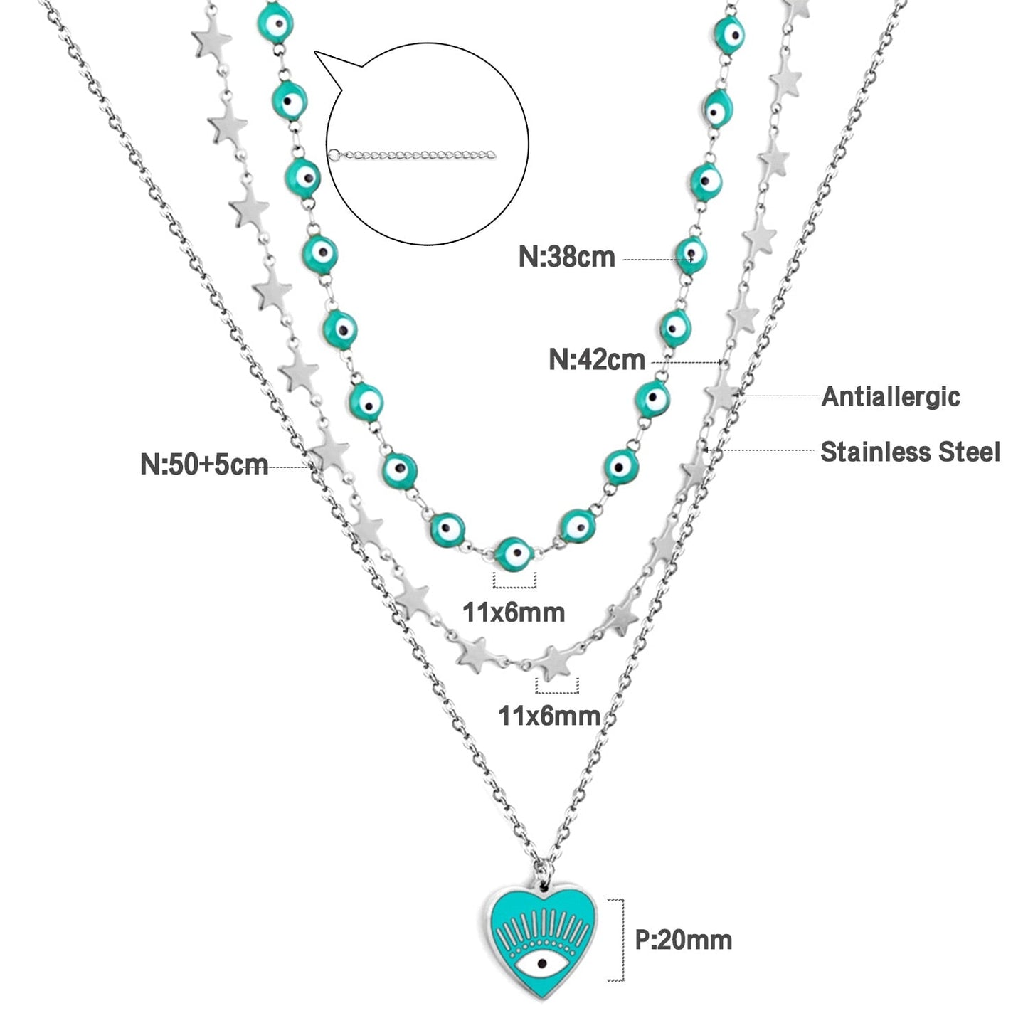 Multi Layered Chain Choker Necklace For Women Heart Shape Green Evil Eyes Stars Pendant Stainless Steel Jewelry Gifts