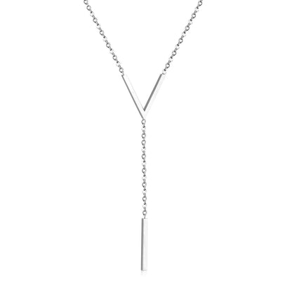 ASON Gold Color Stainless Steel  Choker Letter V Link Chain Cuboid Pendant Necklaces For Women Fashion Jewelry Wholesale