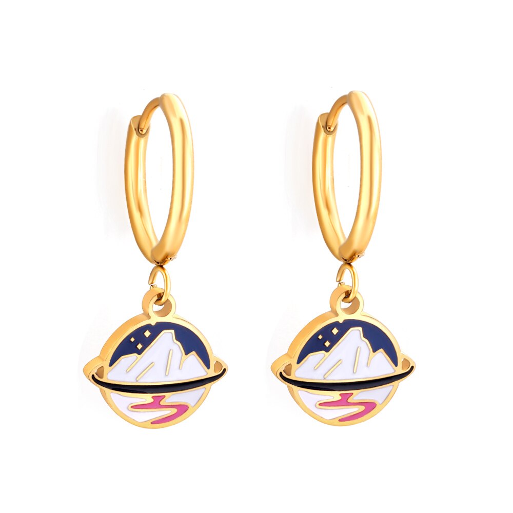 Saturn Earrings Brinco Stainless Steel Gold Color Round Earth Star Hoop Earring Fashion Jewelry Bijoux Party