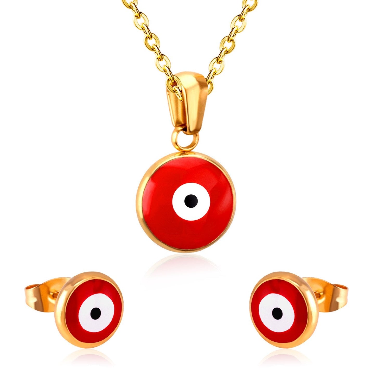 ASON Gold Jewelry Sets Women Accessories Stainless Steel Red Color Eye Pendant Necklace Earring Fashion Jewelry Party Gift