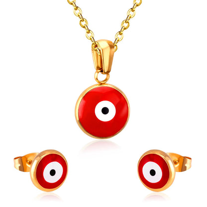 ASON Gold Jewelry Sets Women Accessories Stainless Steel Red Color Eye Pendant Necklace Earring Fashion Jewelry Party Gift