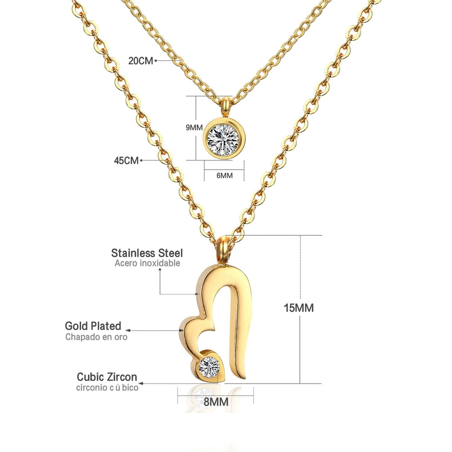 Double Layer Chain Pendants Necklaces For Women Girls Gold Color Silver Tone Stainless Steel CZ Crystal Round Choker