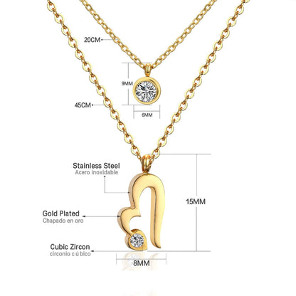 Double Layer Chain Pendants Necklaces For Women Girls Gold Color Silver Tone Stainless Steel CZ Crystal Round Choker
