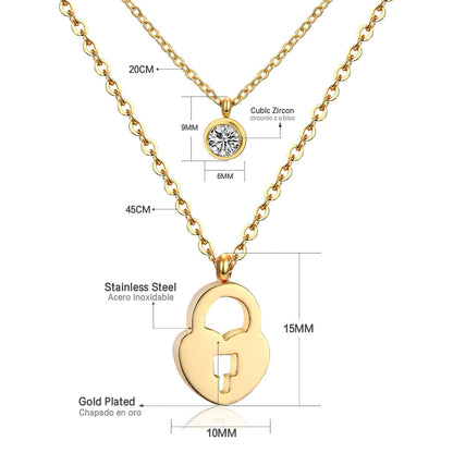 Double Layer Chain Pendants Necklaces For Women Girls Gold Color Silver Tone Stainless Steel CZ Crystal Round Choker
