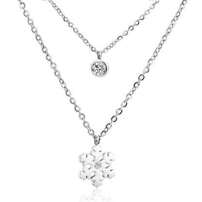 ASON Snowflake Round Cubic Zirconia Pandents Double Chains Necklaces Gold Color Stainless Steel For Women Chokers Christmas