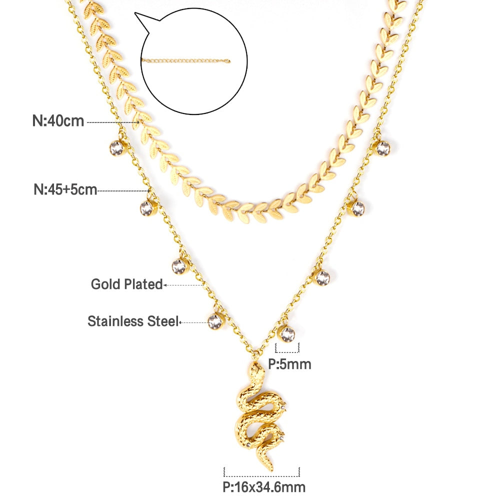 Gothic Multilayer Snake Crystal Necklace Women Gold Color Stainless Steel Double Chain Bohemian 2022 Trendy Jewelry