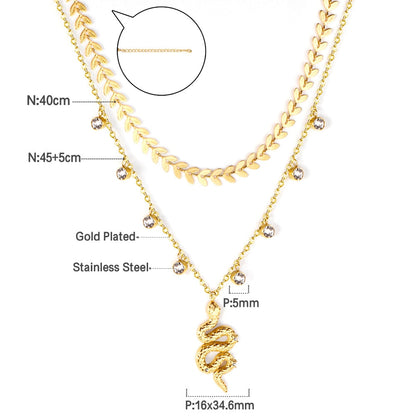 Gothic Multilayer Snake Crystal Necklace Women Gold Color Stainless Steel Double Chain Bohemian 2022 Trendy Jewelry