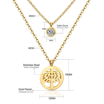 Double Layer Chain Pendants Necklaces For Women Girls Gold Color Silver Tone Stainless Steel CZ Crystal Round Choker