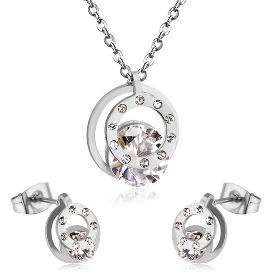 Cubic Zirconia Round Double Necklace Earrings Jewelry Sets For Women Girl bijoux Stainless Steel Wholesale Wedding