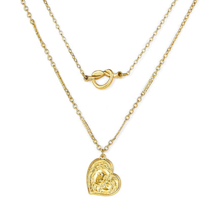 ASON Multi-Layer Pandents Necklace Gold Color Stainless Steel Mom And Son Hollow Out Heart Shape Necklace For Women Patty
