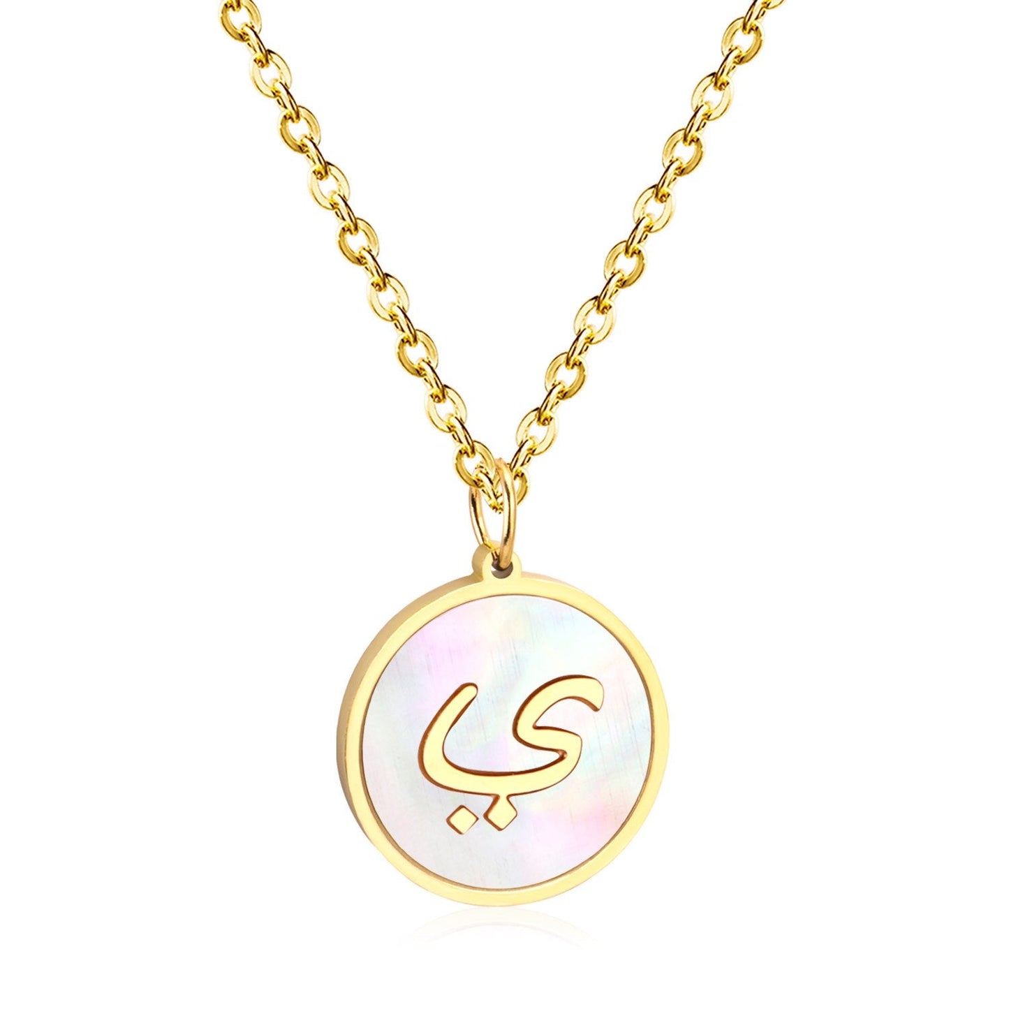 ASON White Shell Gold Color Initial Letter Fashion Pendant Necklace Stainless Steel Alphabet Link Chain for Gift
