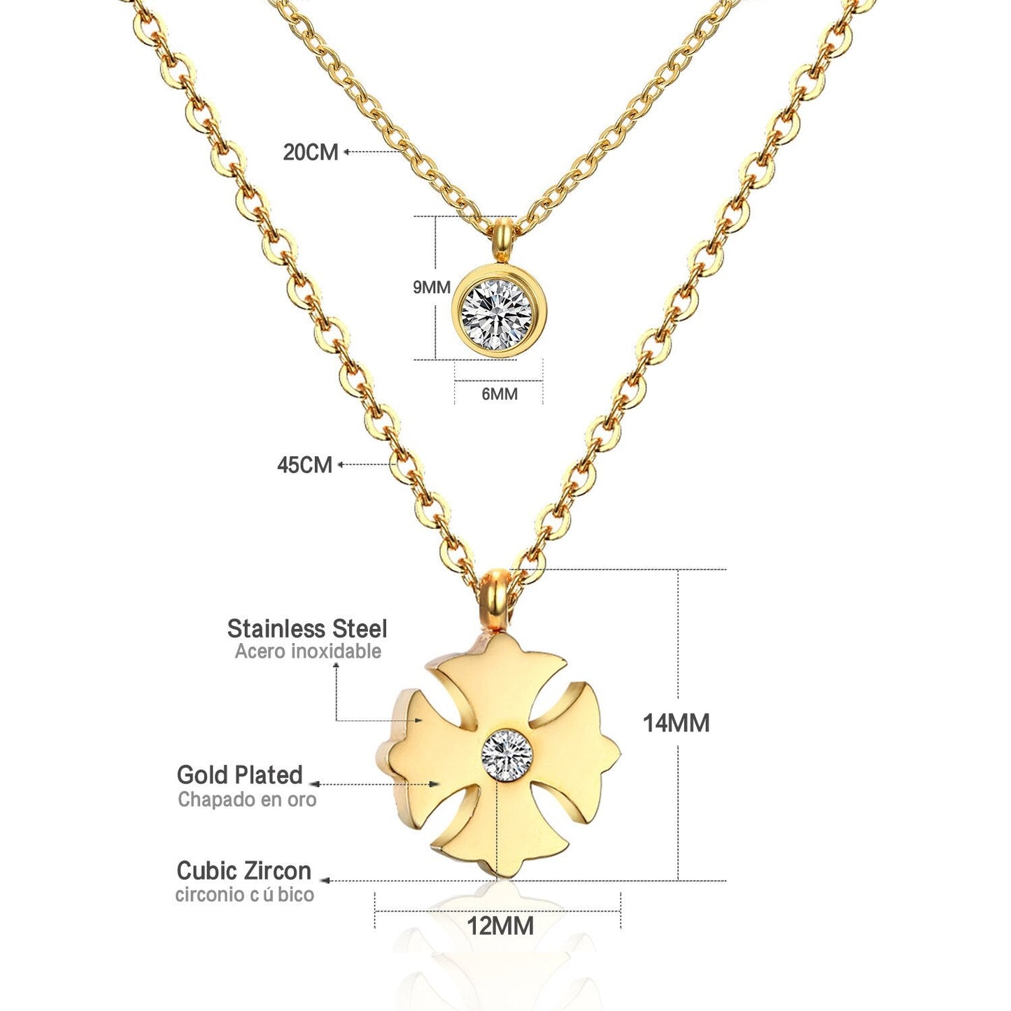 Double Layer Chain Pendants Necklaces For Women Girls Gold Color Silver Tone Stainless Steel CZ Crystal Round Choker