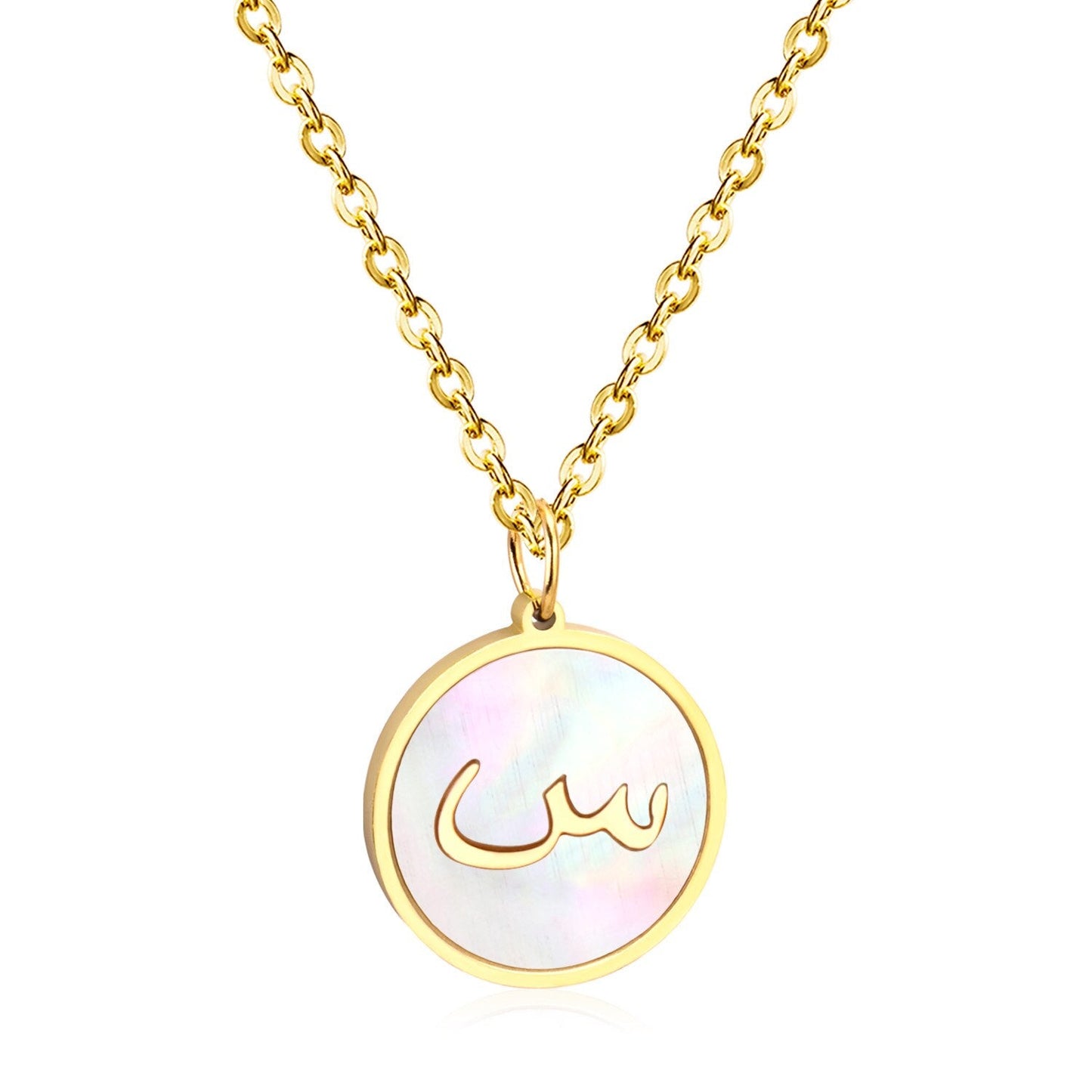 ASON White Shell Gold Color Initial Letter Fashion Pendant Necklace Stainless Steel Alphabet Link Chain for Gift