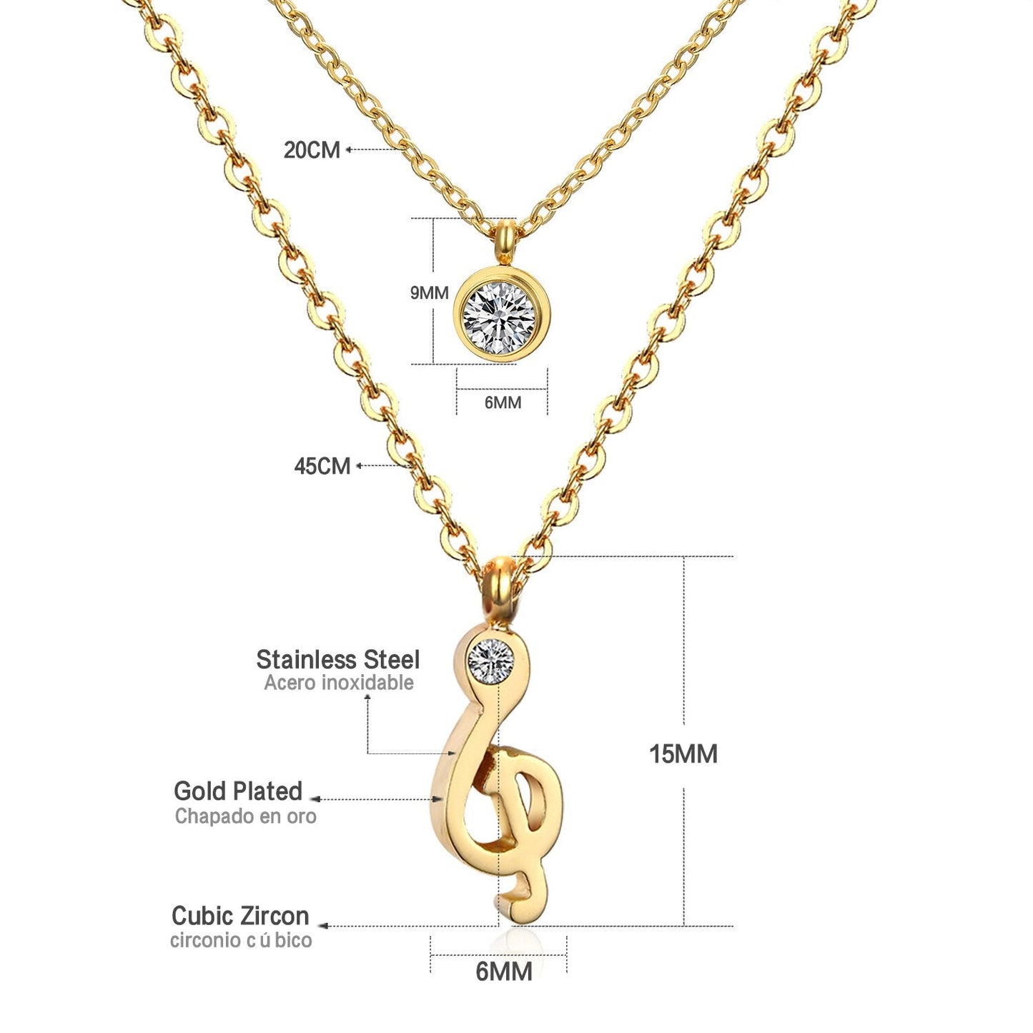 Double Layer Chain Pendants Necklaces For Women Girls Gold Color Silver Tone Stainless Steel CZ Crystal Round Choker