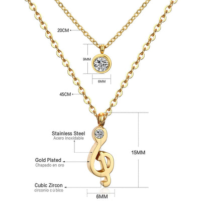 Double Layer Chain Pendants Necklaces For Women Girls Gold Color Silver Tone Stainless Steel CZ Crystal Round Choker