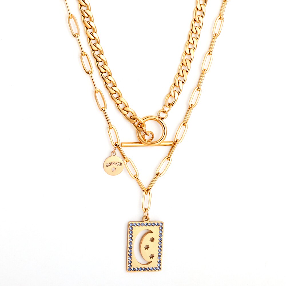 Vintage Necklace Collars Heart Star Astronaut Pendants Layers Jewelry No Fade Box Chains Necklace Female Party