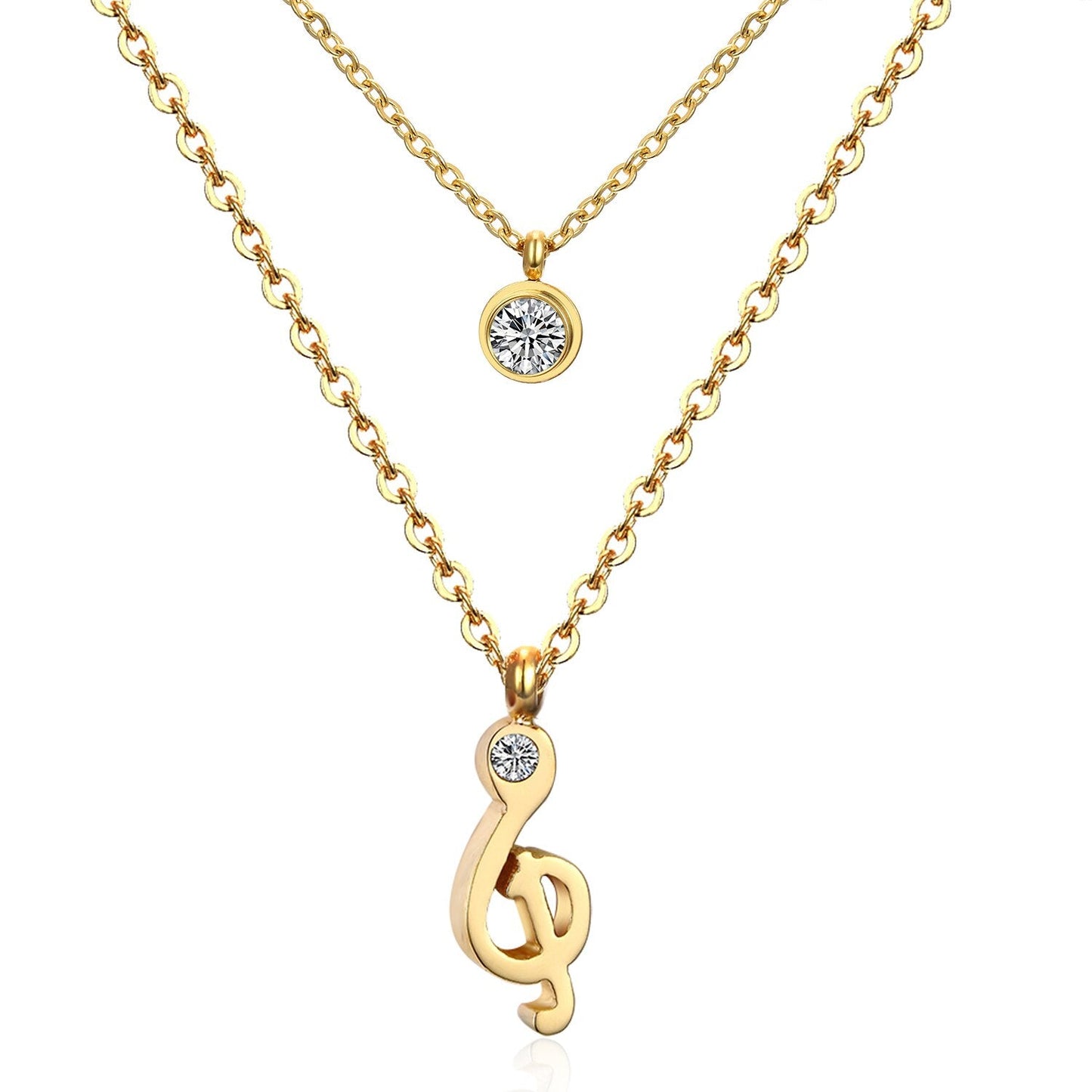 ASON Jewelry Gold Color Double Chain Necklaces Collars Jewelry Stainless Steel Round Cubic Zirconia Daily Pendants Chokers