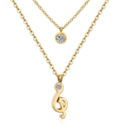 ASON Jewelry Gold Color Double Chain Necklaces Collars Jewelry Stainless Steel Round Cubic Zirconia Daily Pendants Chokers