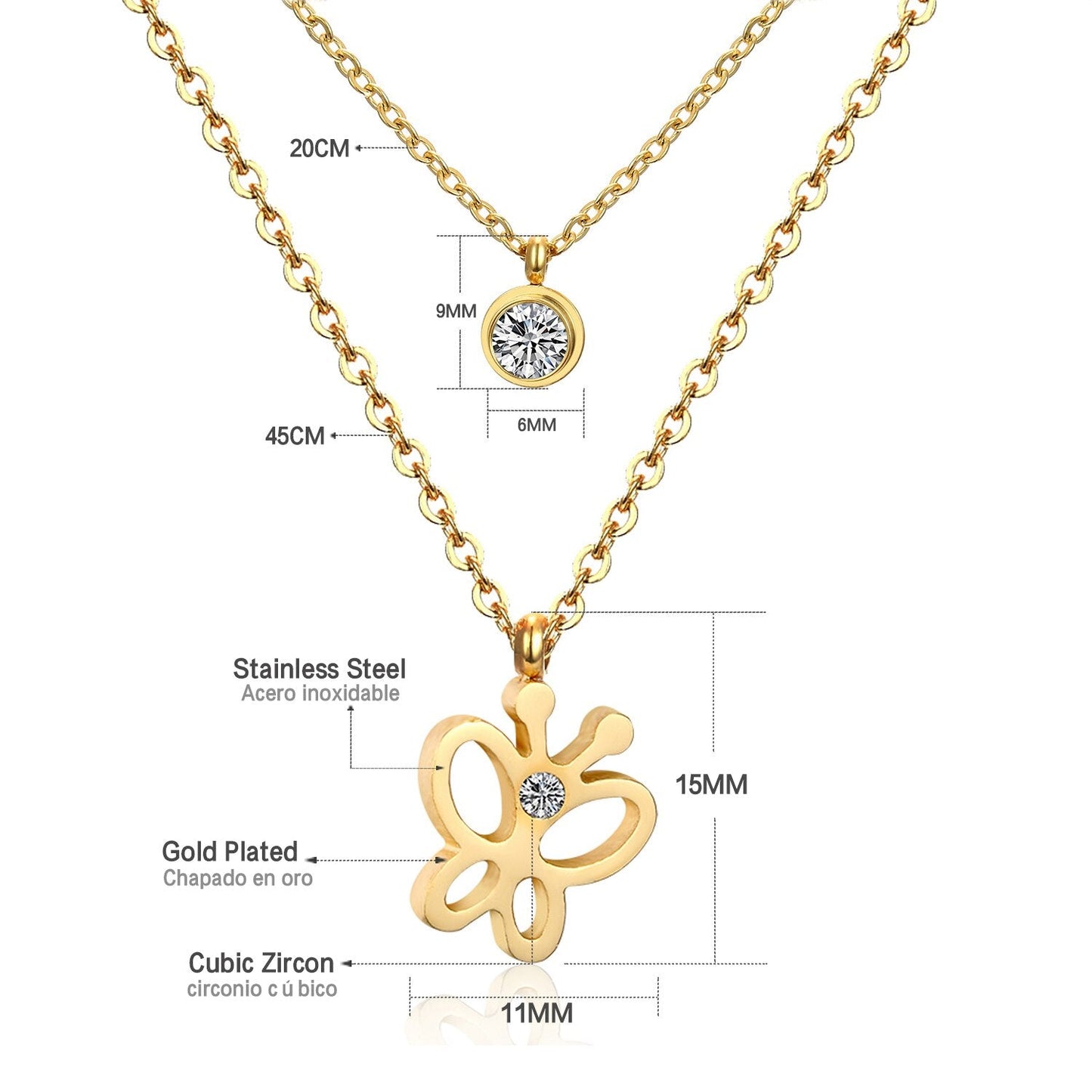Double Layer Chain Pendants Necklaces For Women Girls Gold Color Silver Tone Stainless Steel CZ Crystal Round Choker
