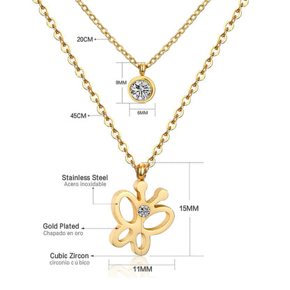 Double Layer Chain Pendants Necklaces For Women Girls Gold Color Silver Tone Stainless Steel CZ Crystal Round Choker