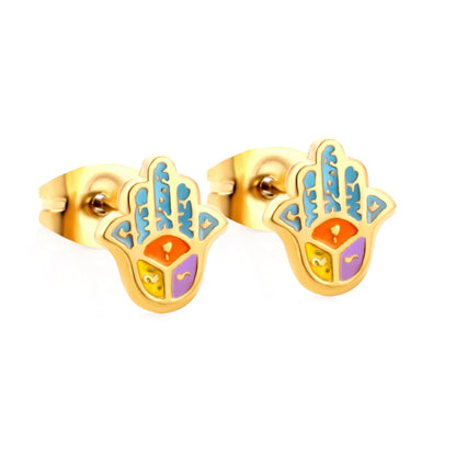 Hamsa Hand Studs Child Surgical Earrings Wing Heart Pink Charms Piercing Gold Plated Cute brincos Girls Woman Gifts