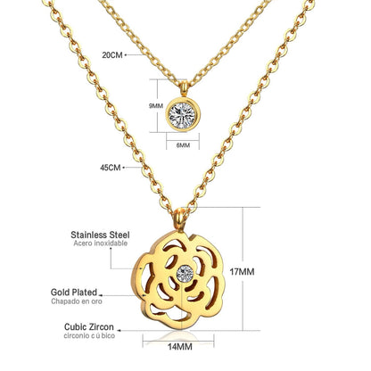 Double Layer Chain Pendants Necklaces For Women Girls Gold Color Silver Tone Stainless Steel CZ Crystal Round Choker