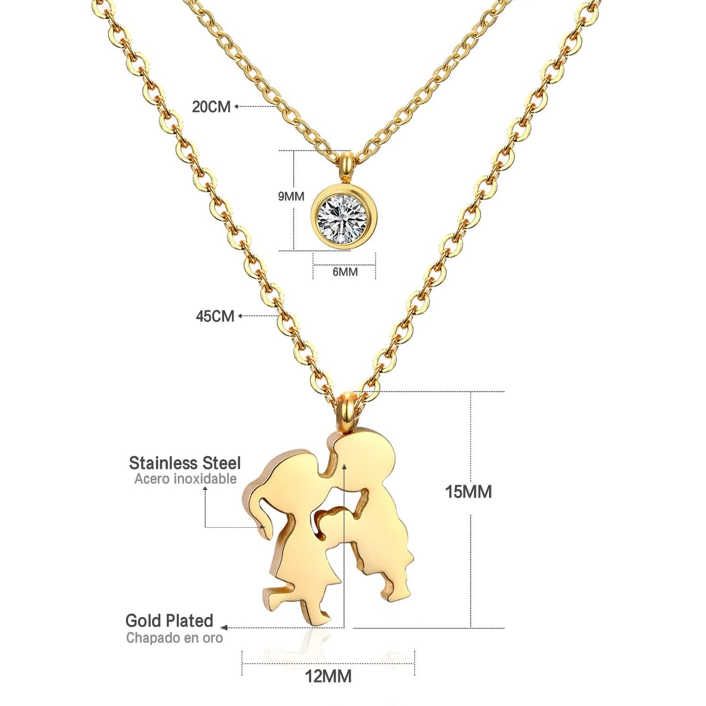 Double Layer Chain Pendants Necklaces For Women Girls Gold Color Silver Tone Stainless Steel CZ Crystal Round Choker
