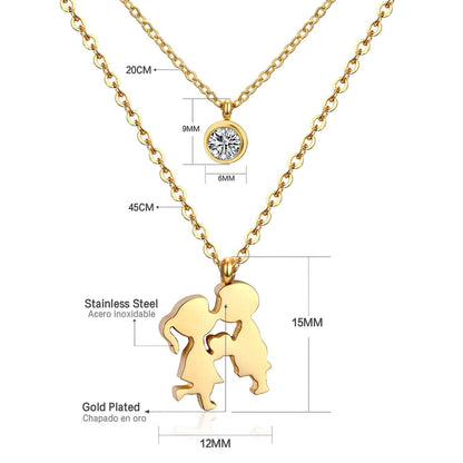 Double Layer Chain Pendants Necklaces For Women Girls Gold Color Silver Tone Stainless Steel CZ Crystal Round Choker