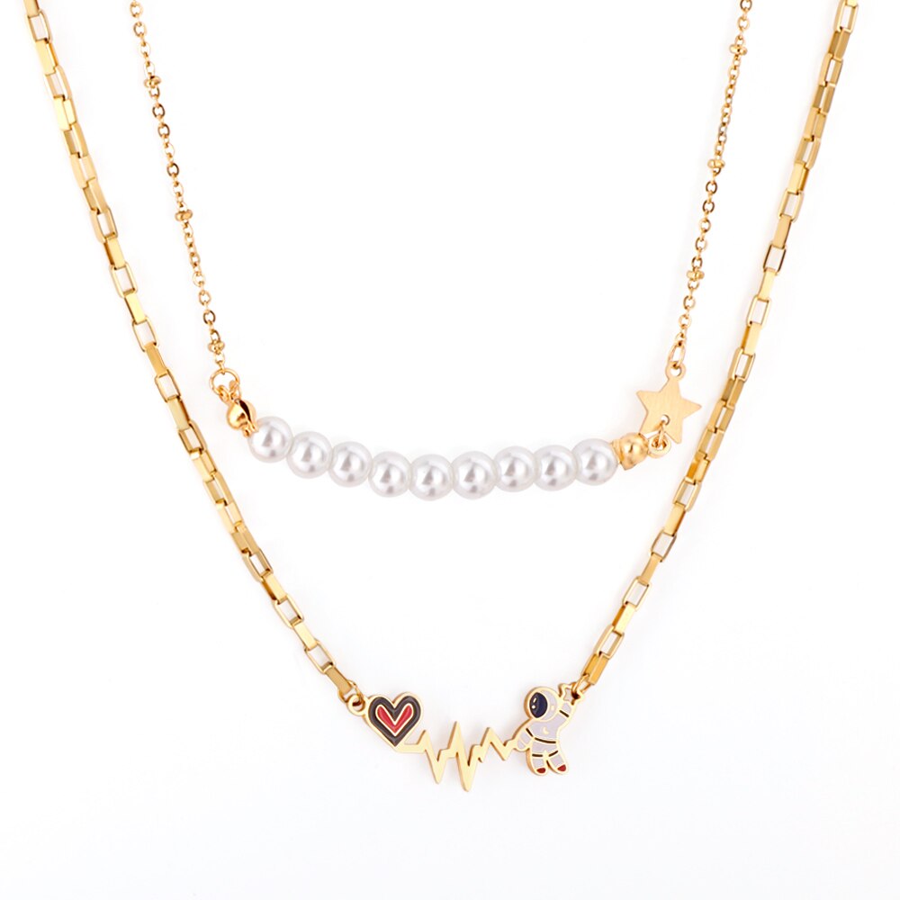 Vintage Necklace Collars Heart Star Astronaut Pendants Layers Jewelry No Fade Box Chains Necklace Female Party