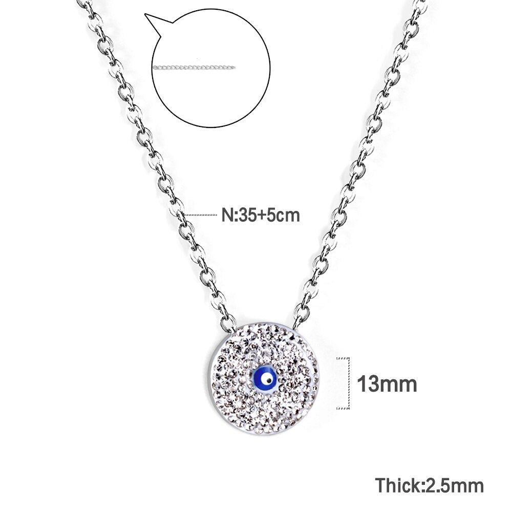 Blue Evil Eyes Bead Four Leaf Clover Pendant Necklace For Women Girls Silver Plate Stainless Steel Rolo Chain Choker
