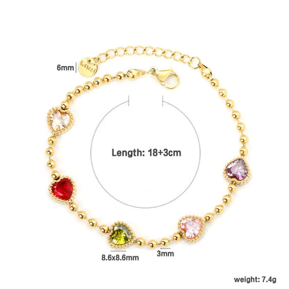 ✨8.6x8.6mm Rainbow Zirconia Bead Bracelet  5-Color Mix | Gold Stainless Steel 3mm Chain 18+3cm | Bulk Wholesale