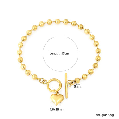 ✨💖 Wholesale Gold Stainless Steel Heart Bracelet | 11.5*10mm Heart Pendant | 5mm Beaded Chain 17cm | Delicate Adjustable Bracelet
