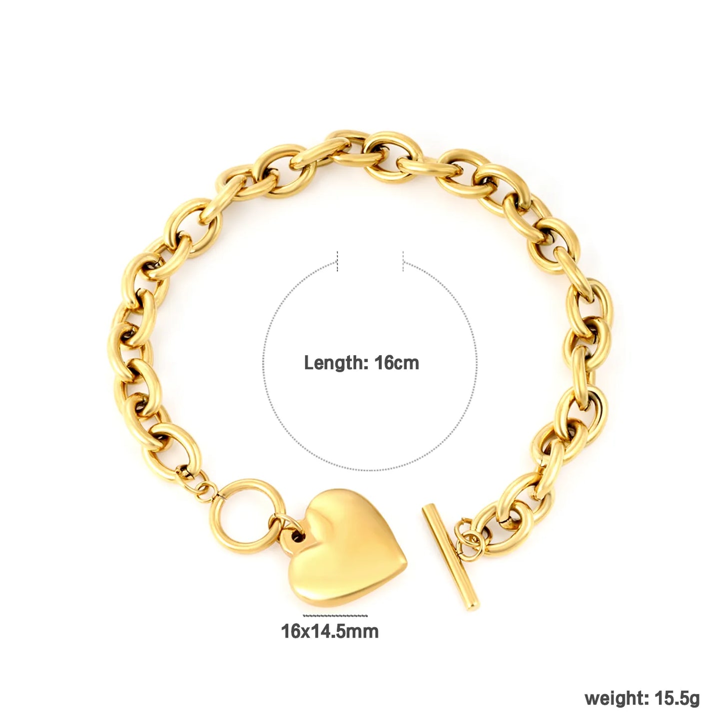 ✨ Wholesale Gold Stainless Steel Heart Bracelet | 16*14.5mm Heart Pendant | 16cm Oval Link Chain | Delicate Adjustable Bracelet