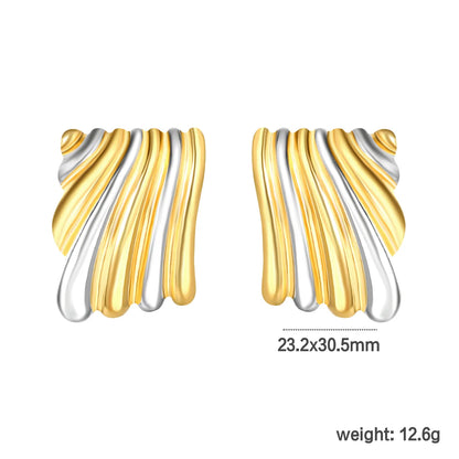 ✨ Wholesale Two-Tone Stainless Square Wave Earrings | 23.2mm*30.5mm Color-Block Textured Design | Geometric Statement Studs