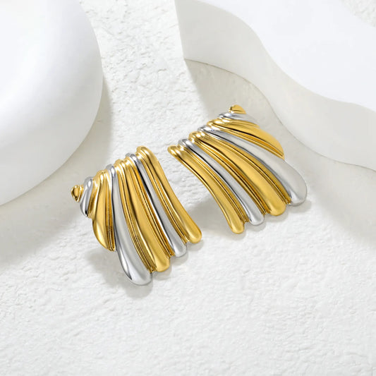 ✨ Wholesale Two-Tone Stainless Square Wave Earrings | 23.2mm*30.5mm Color-Block Textured Design | Geometric Statement Studs